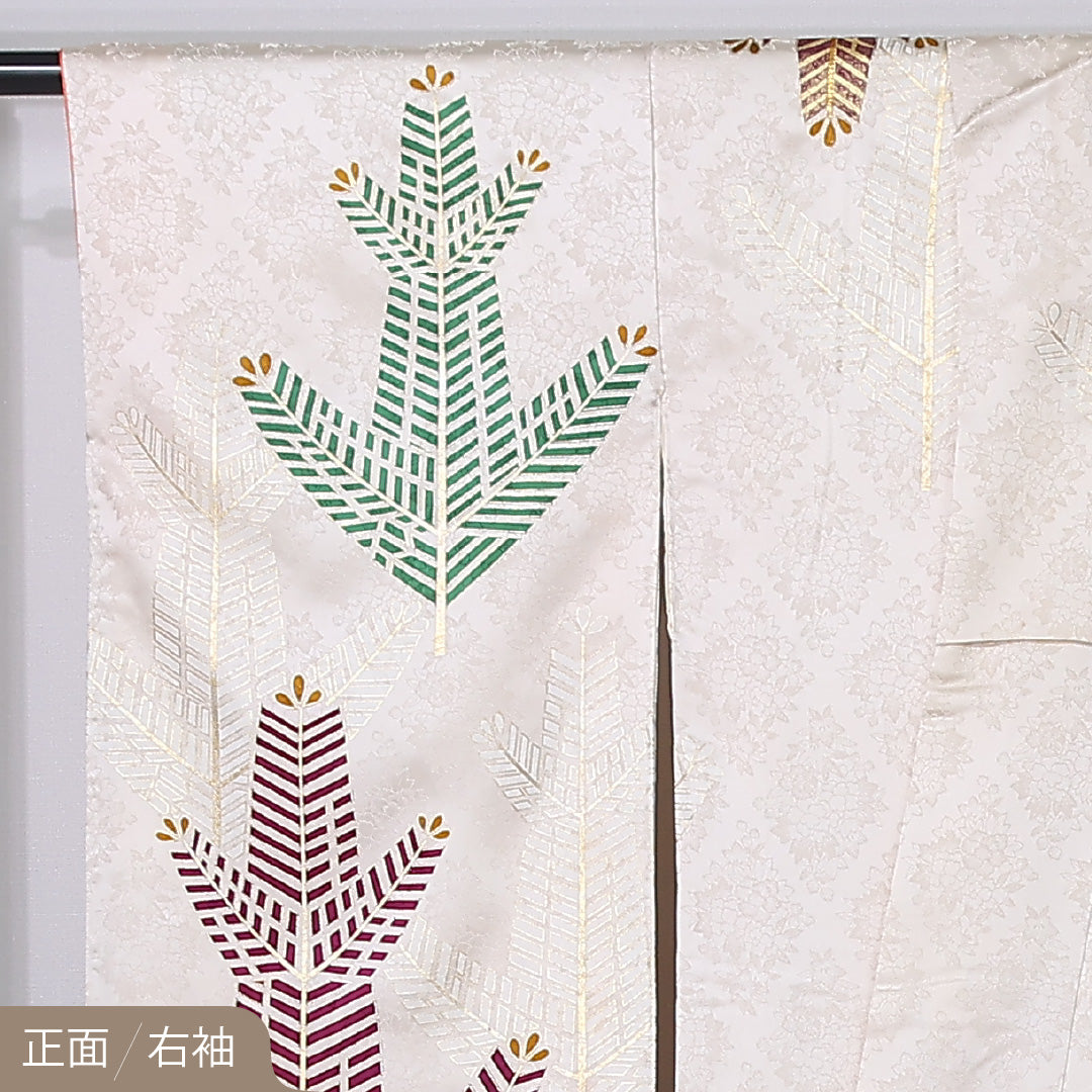 振袖 袷 身丈169cm 裄丈66cm 正絹 Sランク フォーマル 広衿 XLサイズ 刺繍 松 吉祥文様 クリーム系 RP 1215-06712