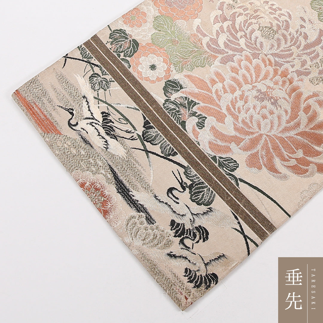 アンティーク 丸帯 帯丈372cm 正絹 全通 鶴 菊 ベージュ系 1242-02565
