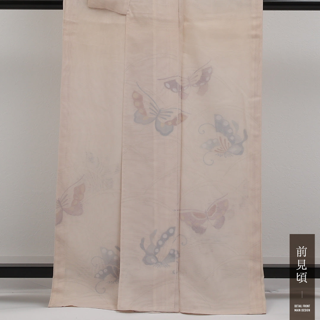 夏物 小紋 二重紗 身丈163cm 裄丈66cm 正絹 Aランク インフォーマル 広衿 Lサイズ 蝶 芝草 ベージュ系 RP 1221-17330