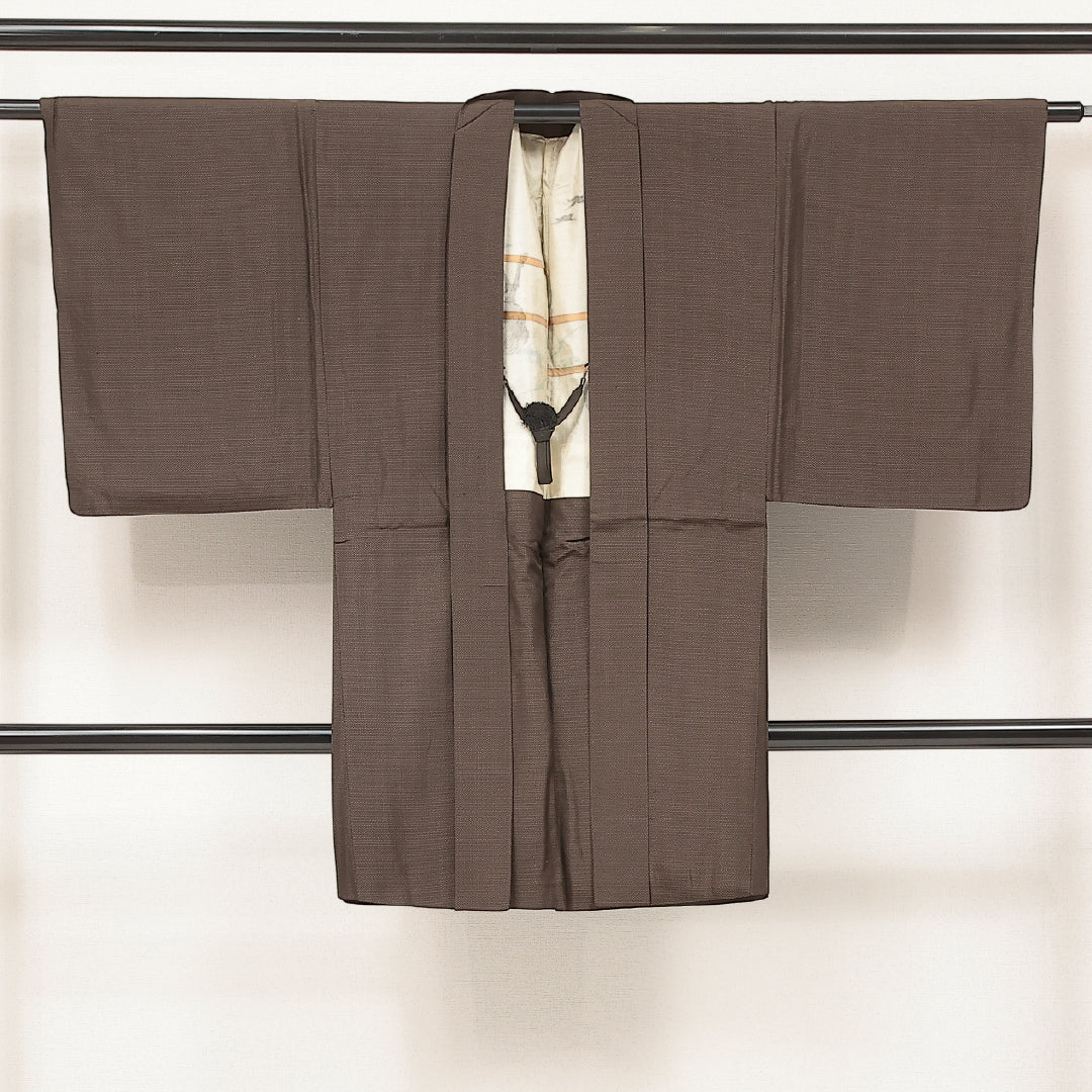 羽織 男性用 (紬) 袷 身丈97cm 裄丈66cm 正絹 Aランク インフォーマル Sサイズ 亀甲絣 茶系 RP 1235-17222
