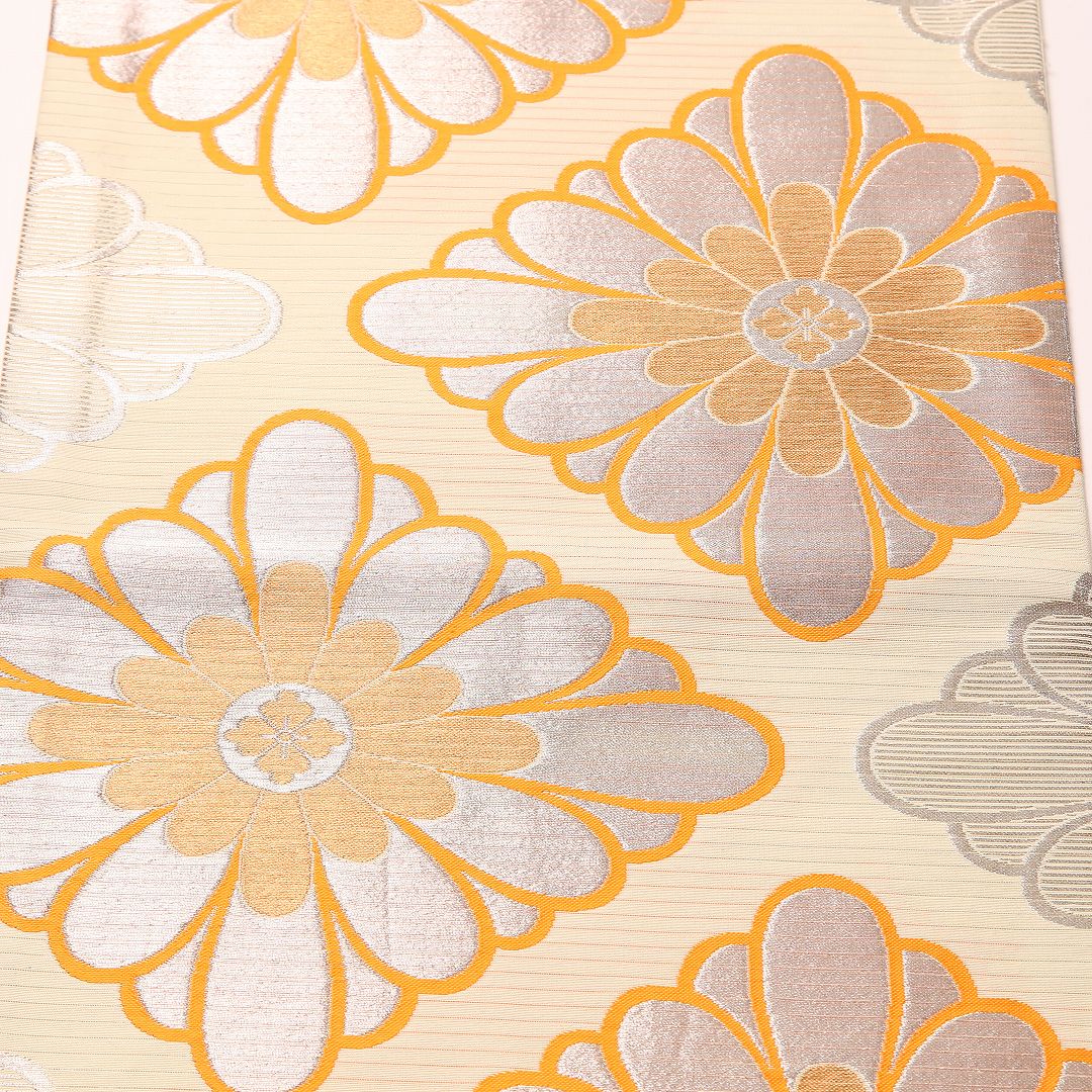 夏物 袋帯 帯丈408cm 正絹 六通 セミフォーマル 花菱 クリーム系 1243-02463