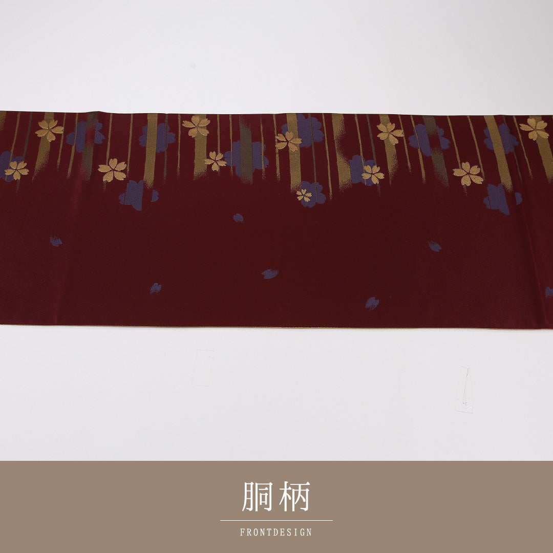 桜 袋帯 帯丈444cm 正絹 六通 セミフォーマル 赤系 茶系 1243-02600