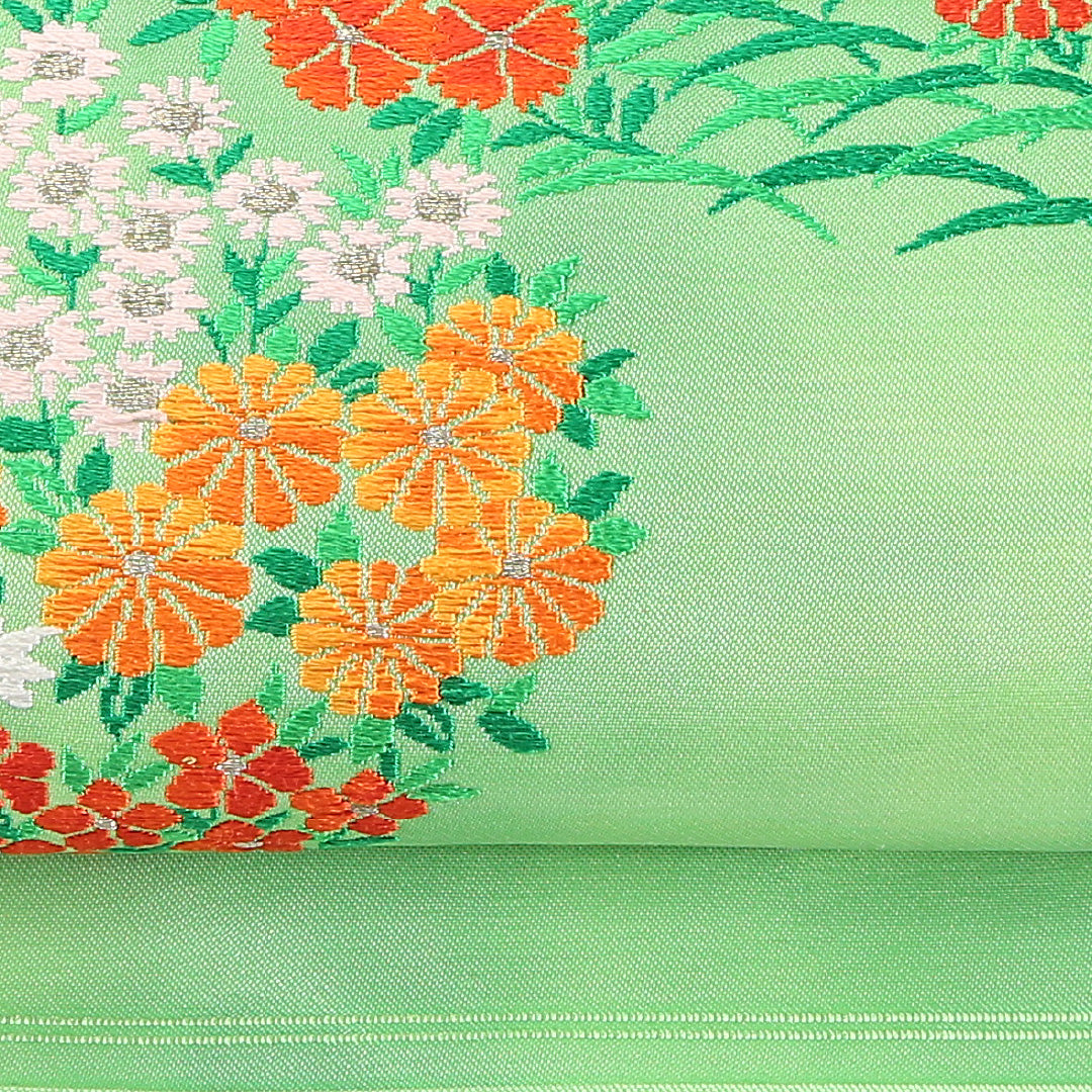 未使用品 九寸名古屋帯 Sランク 帯丈362cm 正絹 ポイント柄 名古屋仕立て 織り インフォーマル 菊 菊・椿 椿 緑系 RP 1245-04784