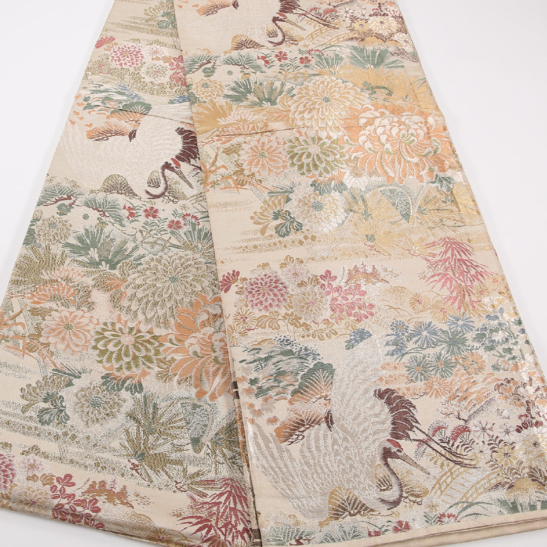 アンティーク 丸帯 帯丈392cm 正絹 全通 鶴 菊 クリーム系 1242-02570