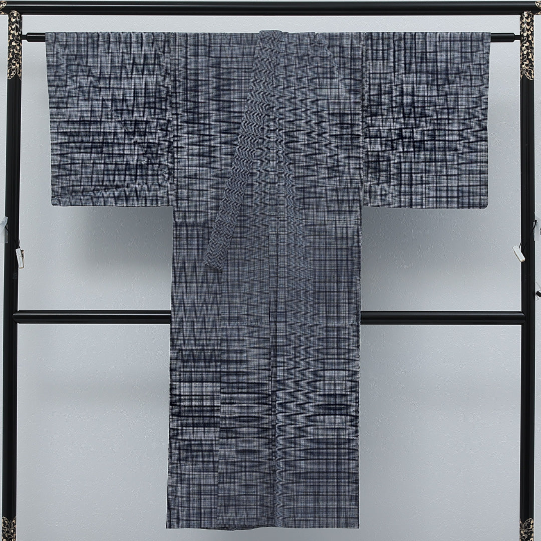夏物 洗える着物 木綿の浴衣 男性用 身丈134cm 裄丈66cm 木綿 Bランク カジュアル 棒衿 XLサイズ 居敷当て 格子 青系 RP 1226-17257