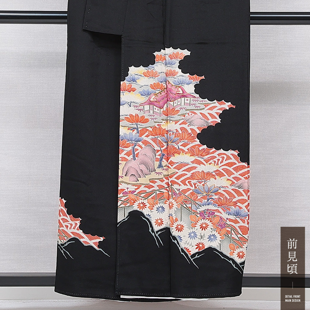 黒留袖 袷 身丈156cm 裄丈63cm 正絹 Sランク 五つ紋 (揚羽蝶) フォーマル 広衿 Mサイズ 比翼 山水 黒系 RP 1213-07078