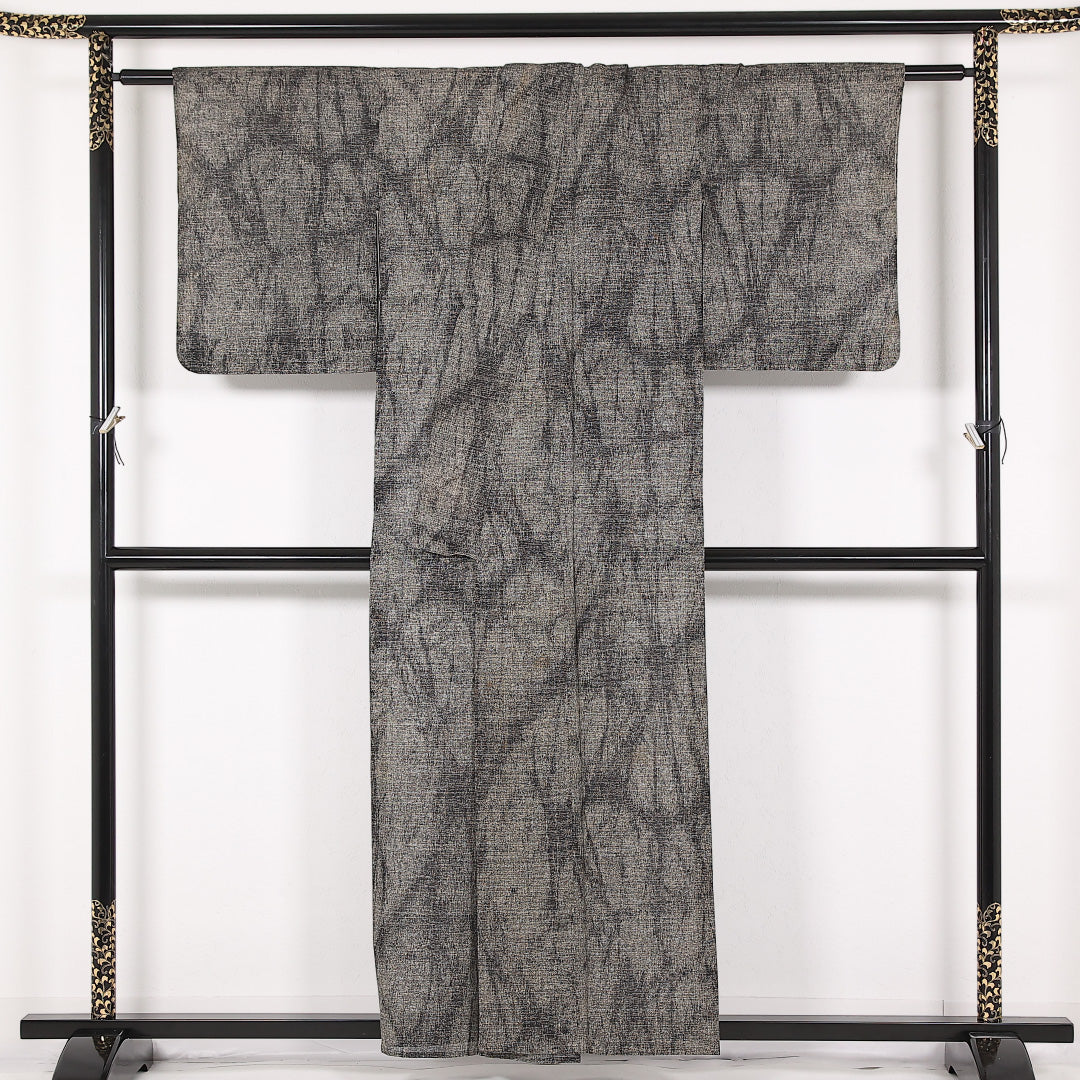 夏物 洗える着物 麻の紬 身丈155cm 裄丈62cm 麻 Cランク カジュアル 広衿 Lサイズ グレー系 RP 1223-17501