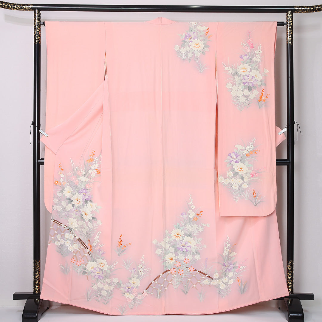 振袖 袷 身丈164cm 裄丈63cm 正絹 Sランク フォーマル 広衿 Lサイズ 牡丹 ピンク系 RP 1215-06772
