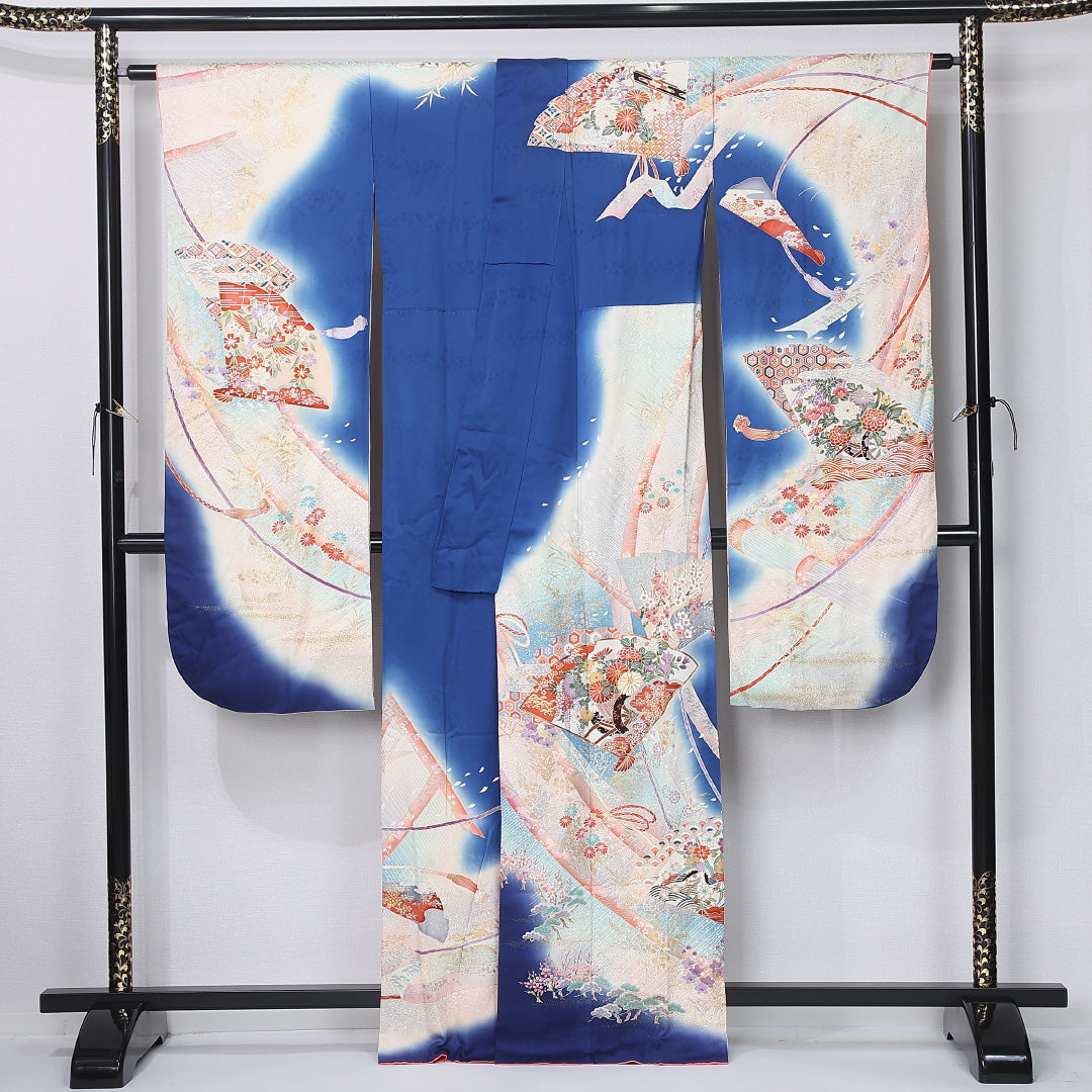 振袖 袷 身丈164cm 裄丈67cm 正絹 Sランク フォーマル 広衿 Lサイズ 刺繍 扇 菊 青系 RP 1215-06713