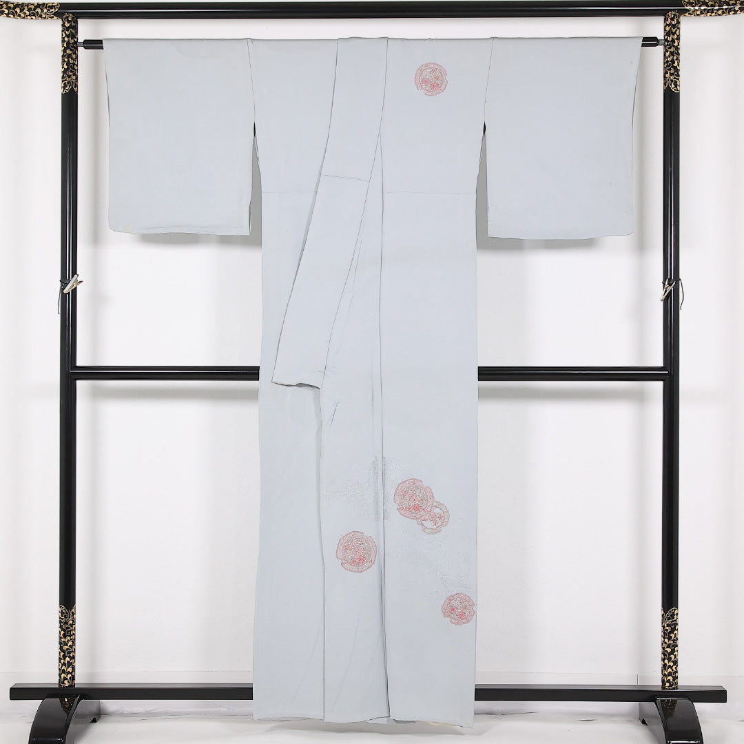 付下げ 単衣 身丈160cm 裄丈66cm 正絹 Cランク インフォーマル 広衿 Lサイズ 汕頭刺繍 居敷当て 丸文 グレー系 LP 1218-17516