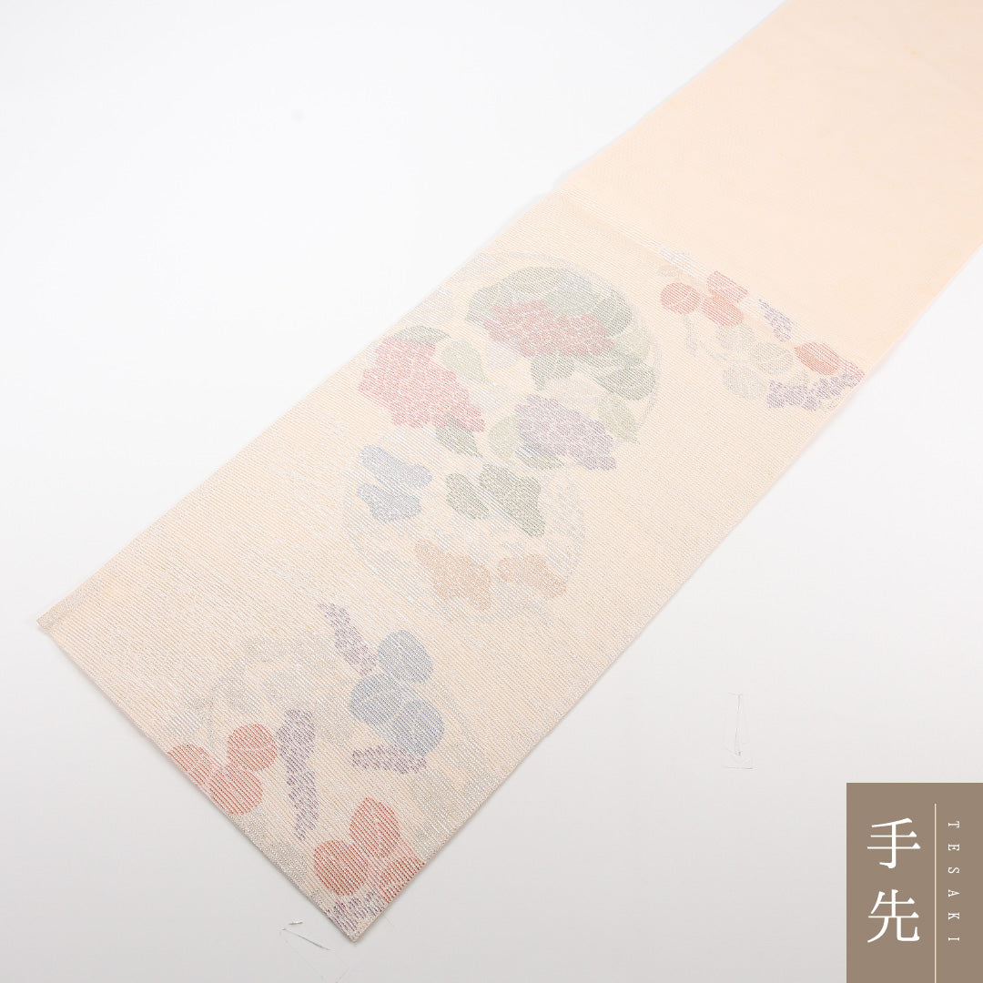 夏物 袋帯 帯丈434cm 正絹 六通 セミフォーマル 唐草牡丹 丸文 クリーム系 ピンク系 1243-02466
