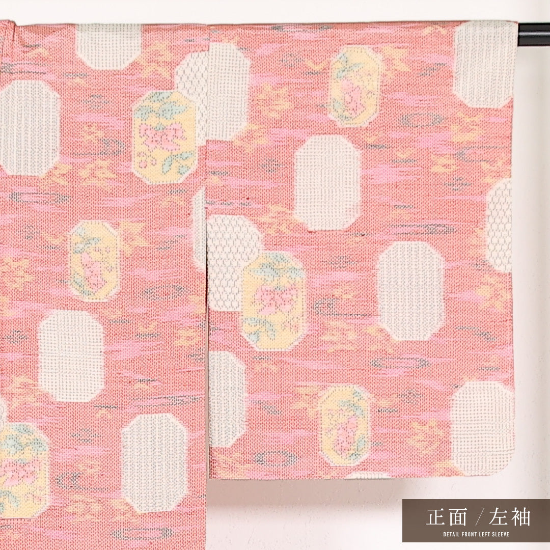 夏物 お召 身丈157cm 裄丈62cm 正絹 Sランク インフォーマル バチ衿 Mサイズ 花柄 ピンク系 RP 1222-17477