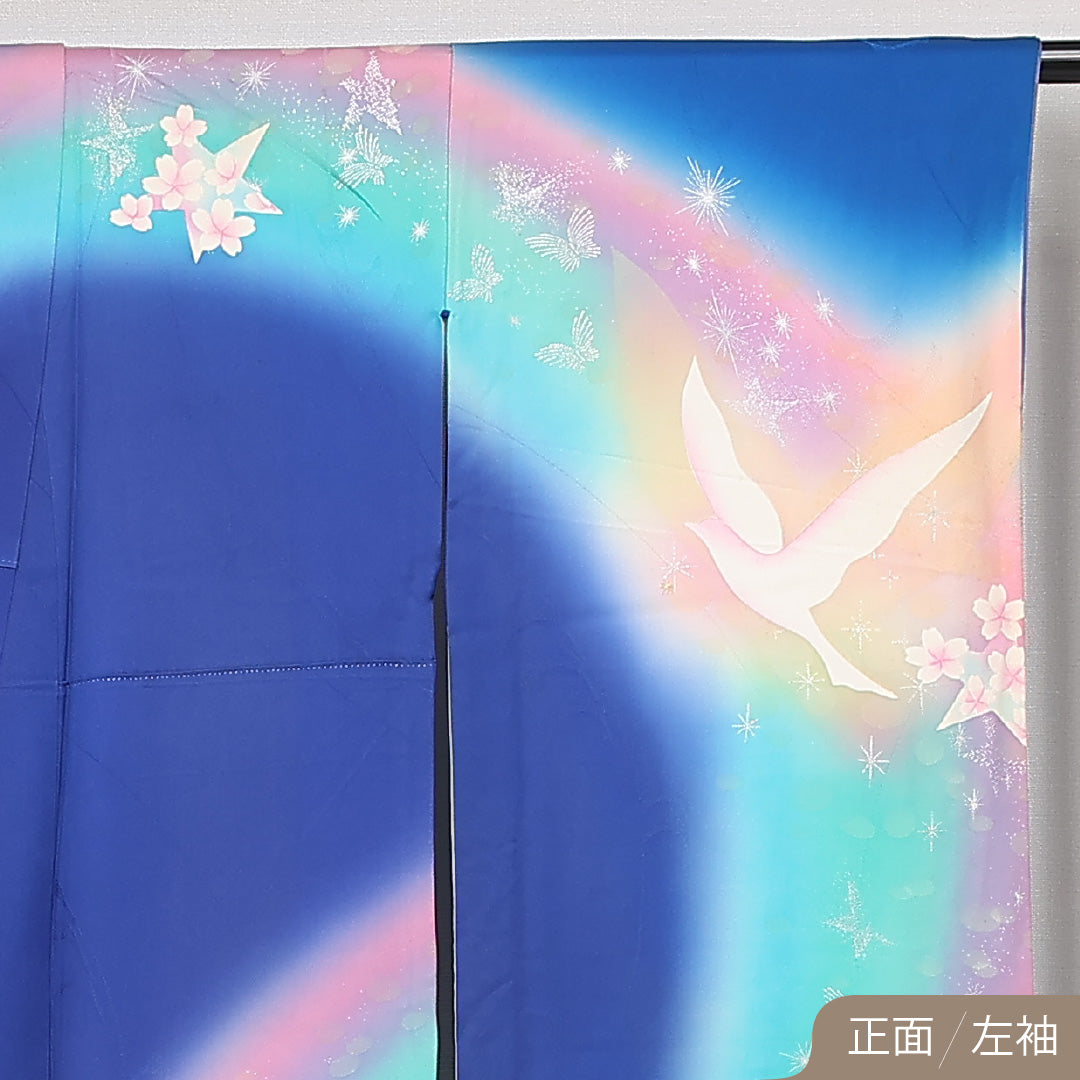 振袖 袷 身丈166cm 裄丈66cm 正絹 Aランク フォーマル 広衿 XLサイズ 蝶 鳩 青系 RP 1215-06802