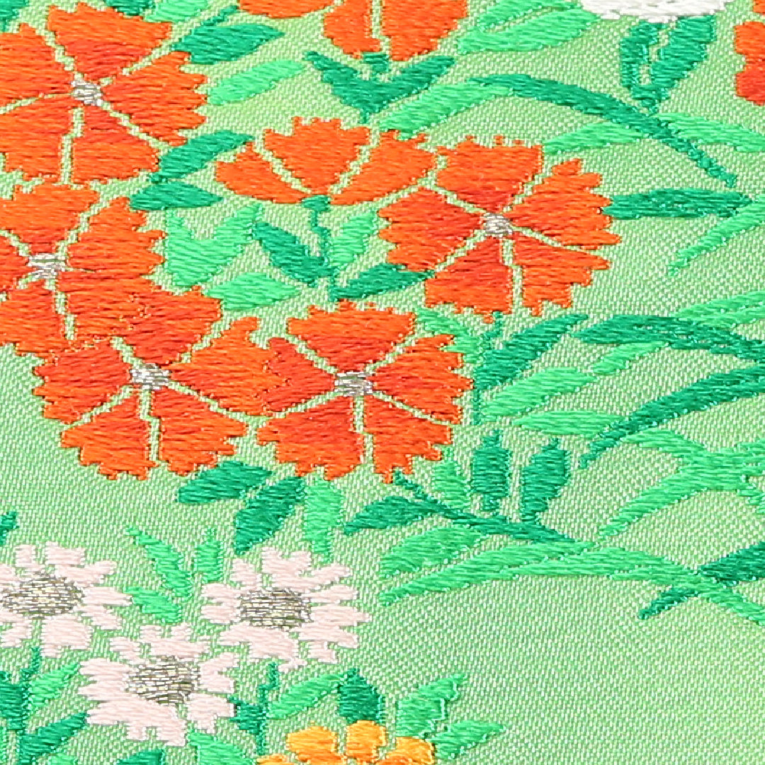 未使用品 九寸名古屋帯 Sランク 帯丈362cm 正絹 ポイント柄 名古屋仕立て 織り インフォーマル 菊 菊・椿 椿 緑系 RP 1245-04784