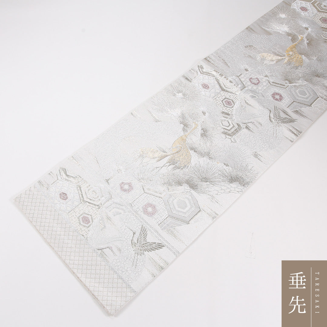 鶴 袋帯 帯丈436cm 正絹 六通 フォーマル 亀甲 クリーム系 1243-02614