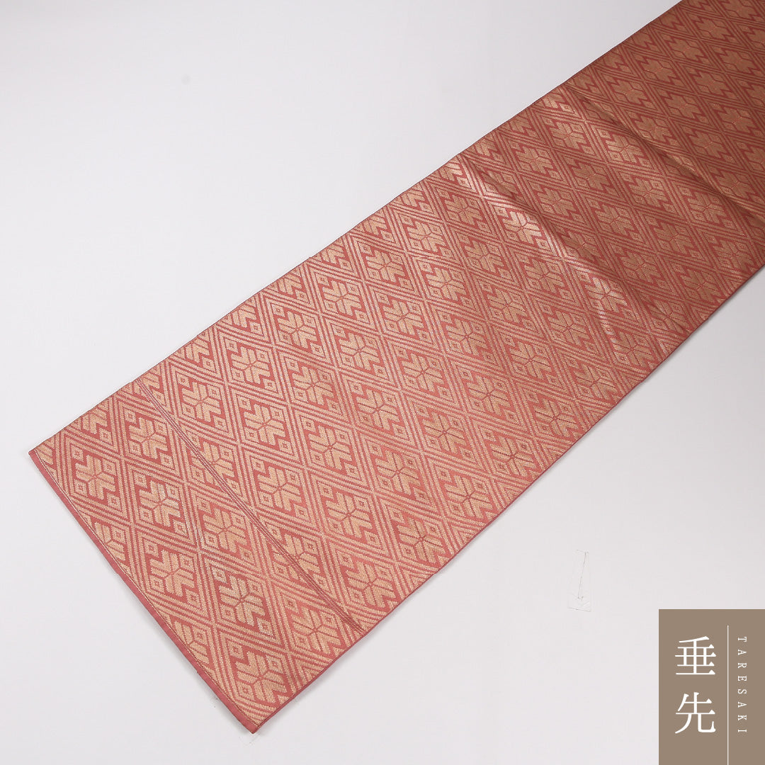 菱 袋帯 帯丈428cm 正絹 六通 セミフォーマル 朱系 金系 1243-02632