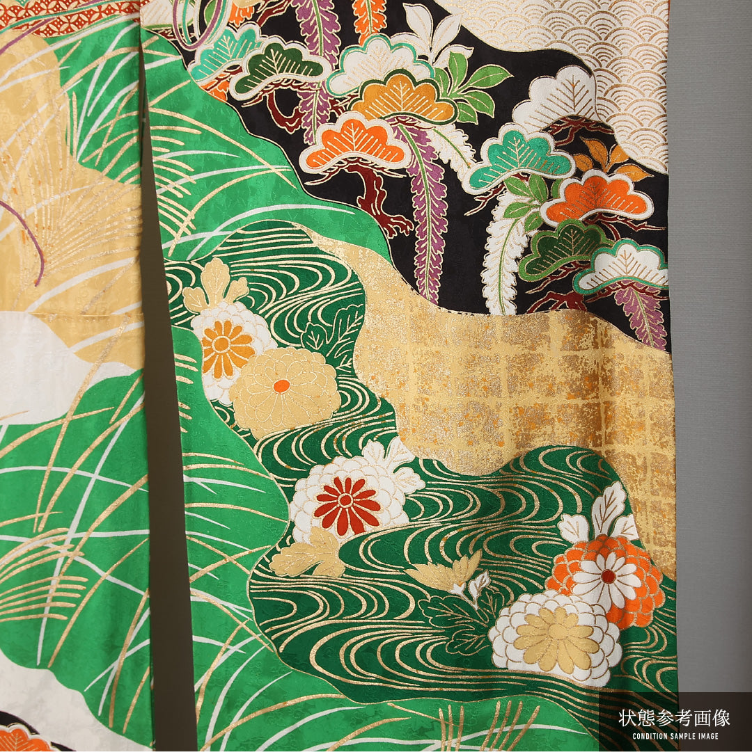 振袖 袷 身丈158cm 裄丈63cm 正絹 Bランク フォーマル 広衿 Mサイズ 刺繍 貝桶 牡丹 松 多色系 RP 1215-06738
