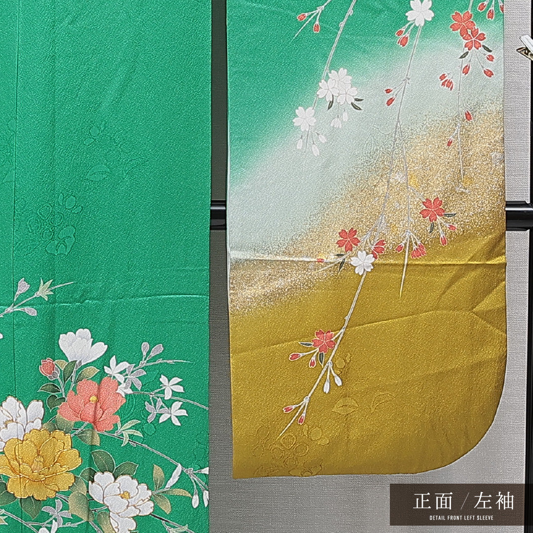 振袖 袷 身丈168cm 裄丈68cm 正絹 Sランク フォーマル 広衿 XLサイズ 金駒刺繍 椿 緑系 RP 1215-07014