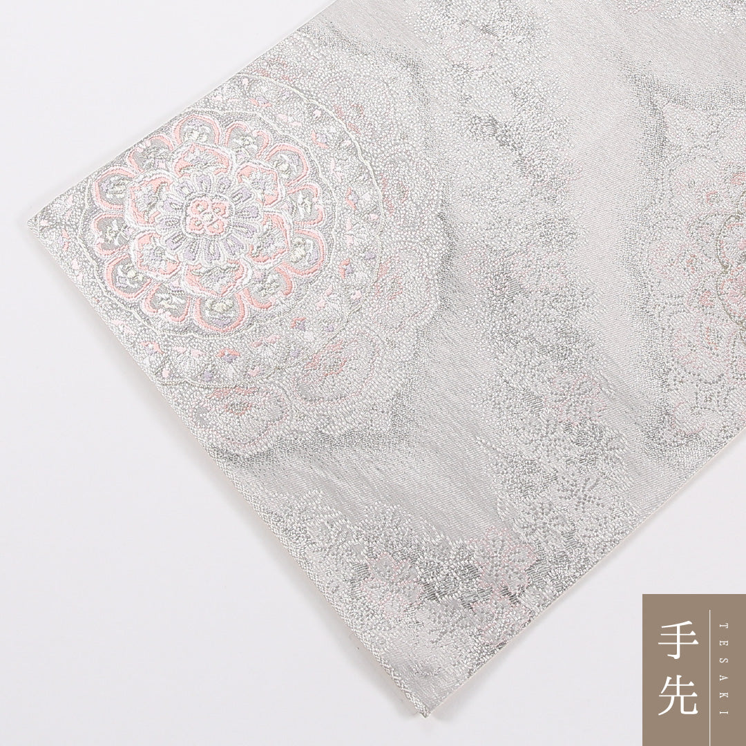 宝相華 袋帯 帯丈432cm 正絹 六通 フォーマル クリーム系 銀系 1243-02616