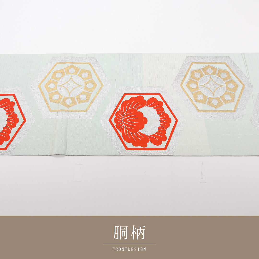 アンティーク 夏物 袋帯 帯丈406cm 正絹 六通 亀甲 グレー系 水色系 1243-02465