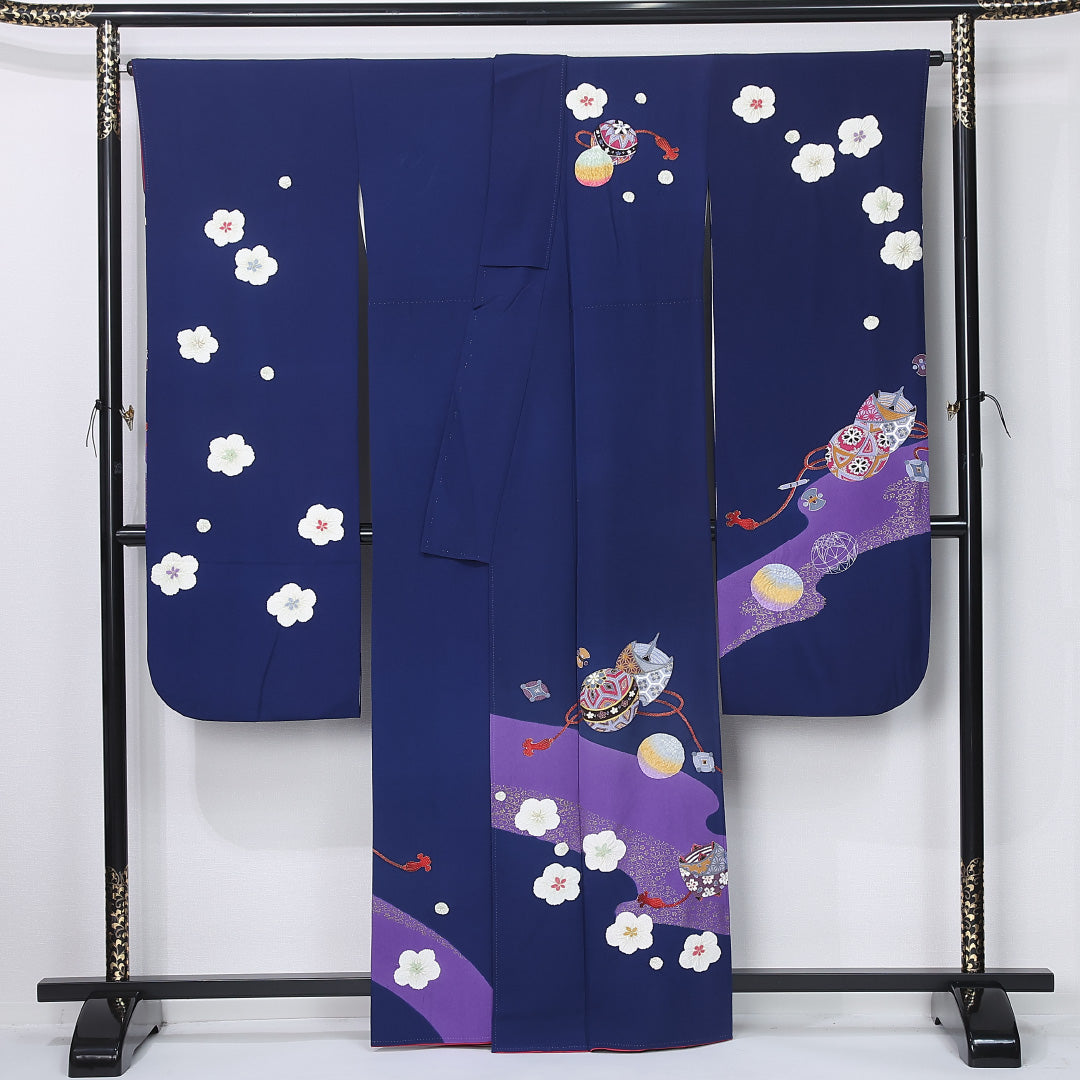 振袖 袷 身丈161cm 裄丈68cm 正絹 Bランク フォーマル 広衿 Lサイズ 絞り 毬 梅 紺系 M4 1215-06728