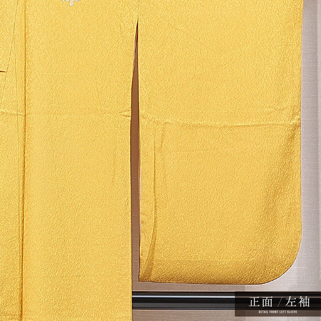 洗える着物 小振袖 袷 身丈169cm 裄丈66cm ポリエステル Sランク セミフォーマル 広衿 XLサイズ 刺繍 藤 笠松 黄系 RP 1216-07057