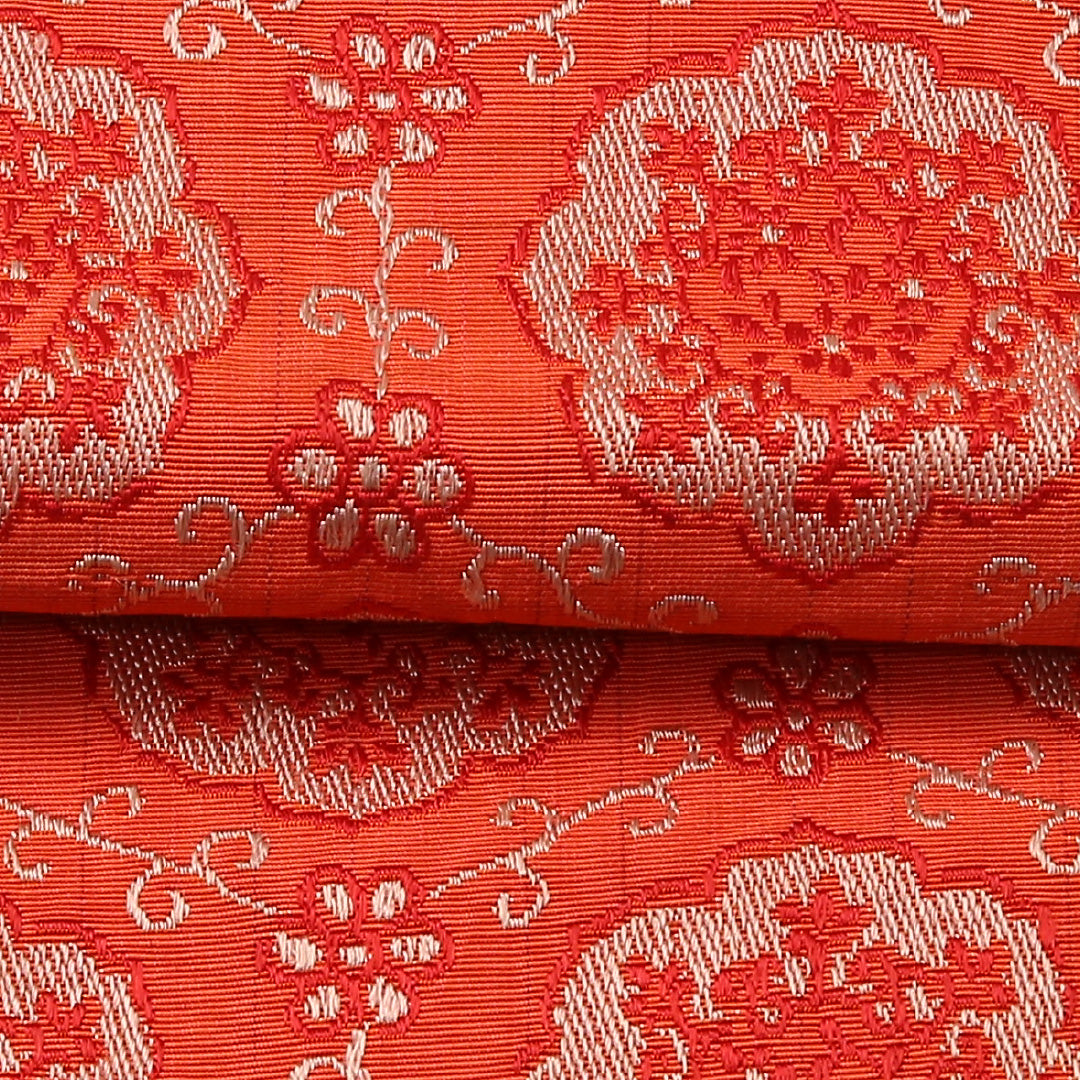 半幅帯 帯丈312cm 正絹 全通 小袋帯 カジュアル 唐草 亀甲 朱系 1247-00708