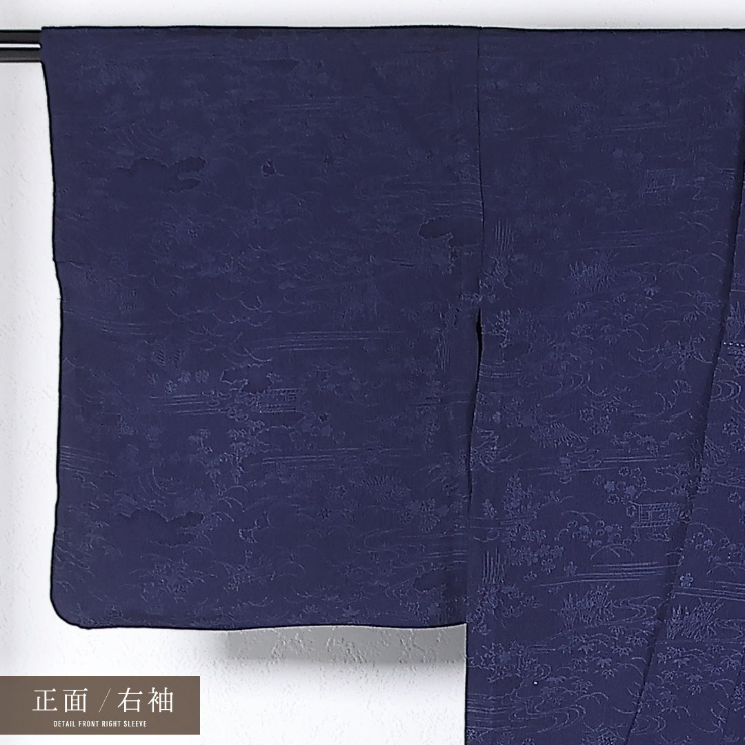 色無地 単衣 身丈146cm 裄丈62cm 正絹 Cランク 一つ紋 (五三桐) 紋意匠 (古典柄) セミフォーマル バチ衿 XLサイズ 紺系 RP 1219-17339
