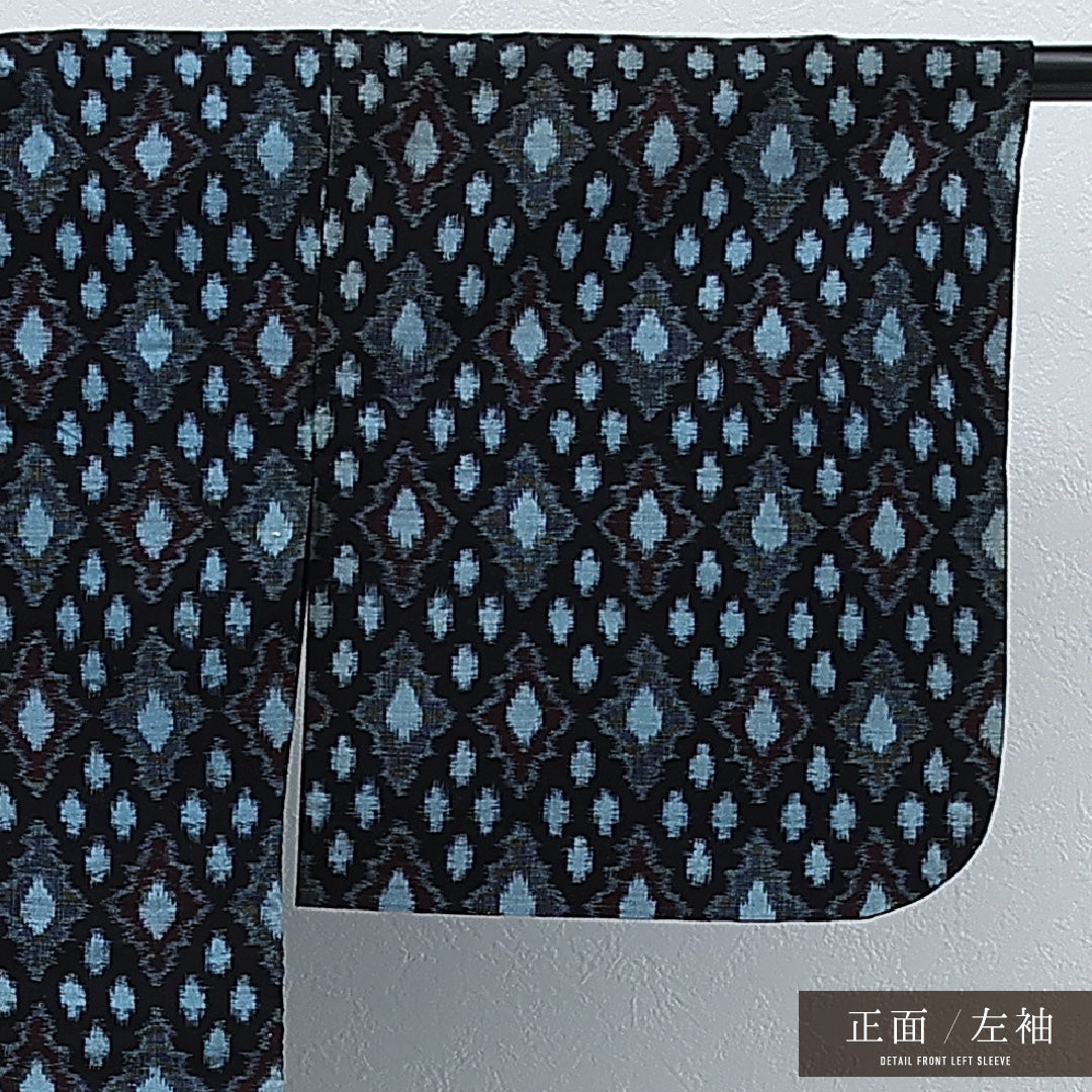 アンティーク 紬 単衣 身丈143cm 裄丈62cm 正絹 Aランク バチ衿 Mサイズ 居敷当て 肩当て 菱絣 紺系 RP 1223-17251