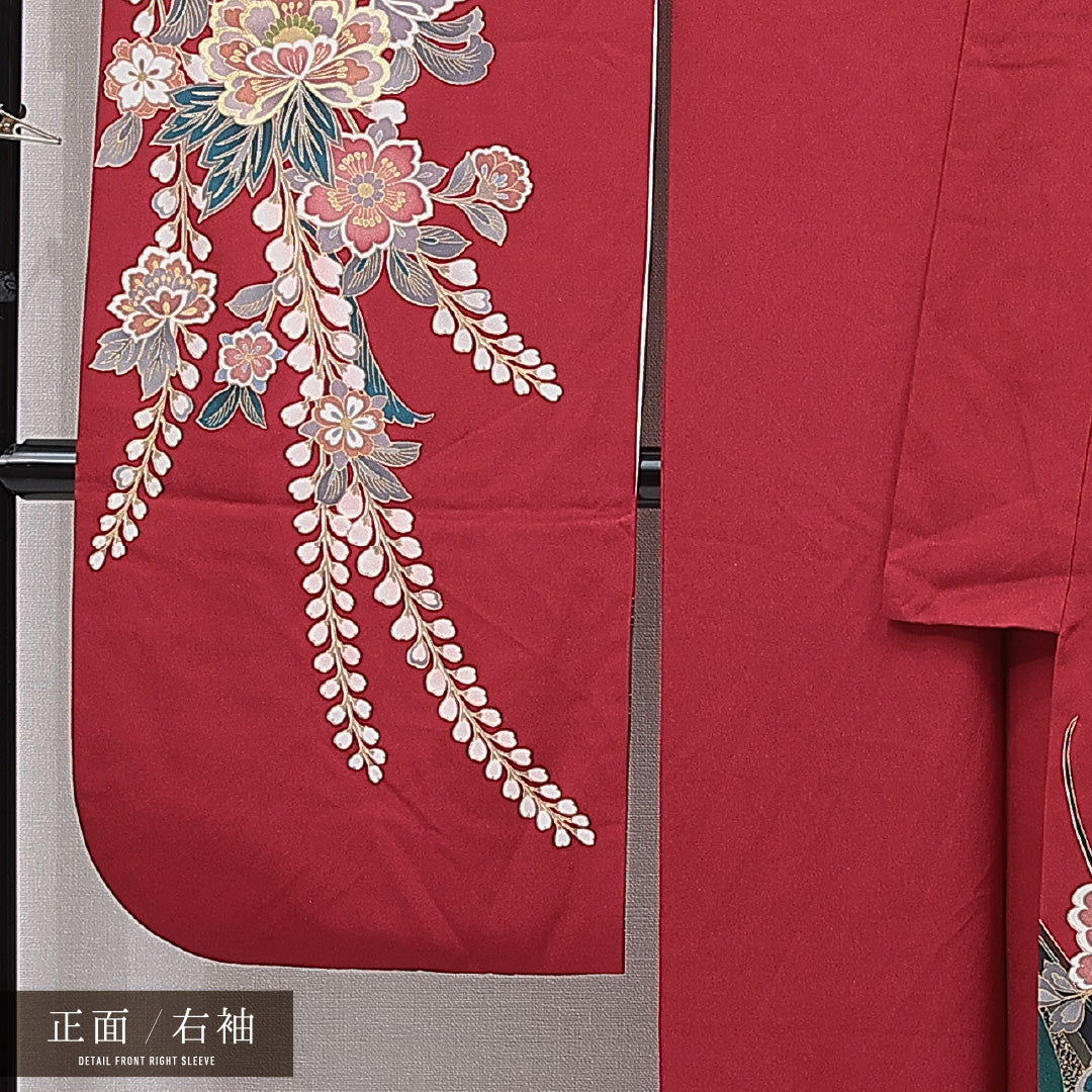 振袖 袷 身丈167cm 裄丈66cm 正絹 Sランク フォーマル 広衿 XLサイズ 蝶 牡丹 赤系 RP 1215-07009
