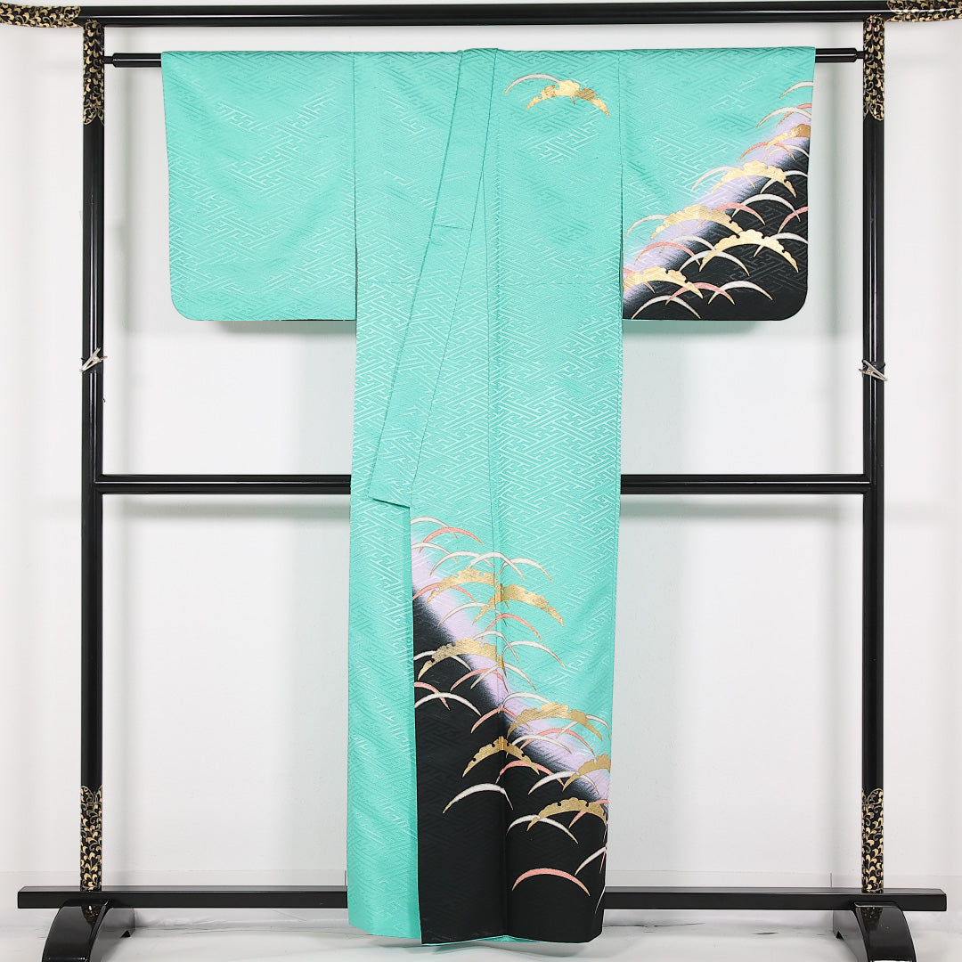 洗える着物 訪問着 袷 身丈158cm 裄丈65cm ポリエステル Sランク 踊り用 バチ衿 Mサイズ 雪輪 緑系 LP 1217-17513