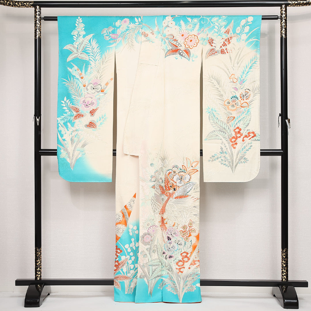 洗える着物 振袖 袷 身丈163cm 裄丈64cm ポリエステル Bランク フォーマル 広衿 Lサイズ 刺繍 孔雀 水色系 RP 1215-06804