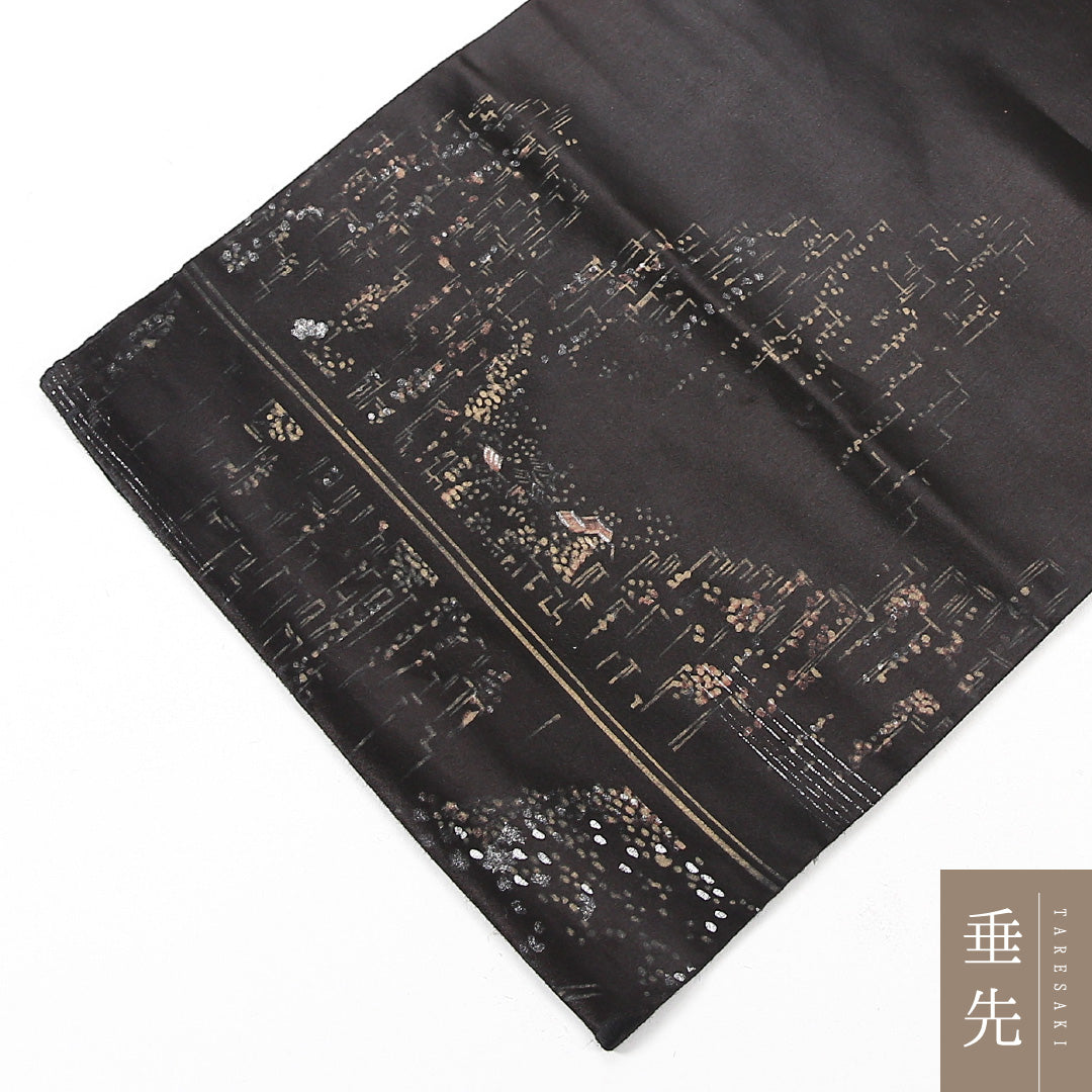 風景柄 九寸名古屋帯 Dランク 帯丈334cm 正絹 全通 名古屋仕立て 染め インフォーマル 手描き 黒系 RP 1245-04707