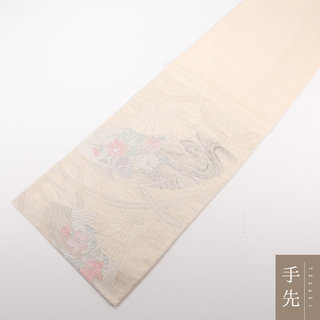 夏物 袋帯 帯丈422cm 正絹 六通 セミフォーマル 綴れ織 扇面文 菊 桔梗 クリーム系 1243-02514