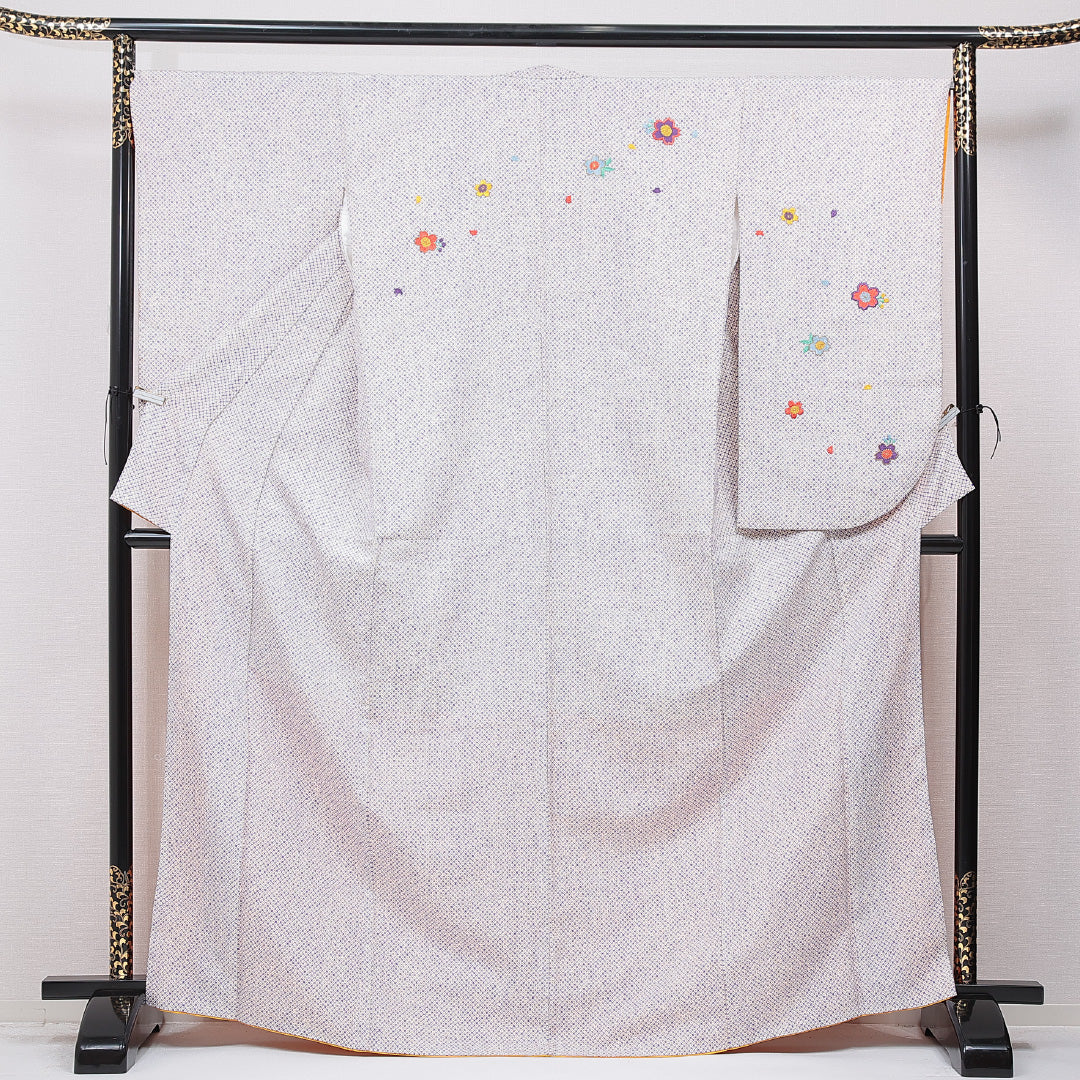小振袖 袷 身丈167cm 裄丈67cm 正絹 Cランク セミフォーマル 広衿 XLサイズ 刺繍 桜 鹿の子柄 紫系 LP 1216-07033