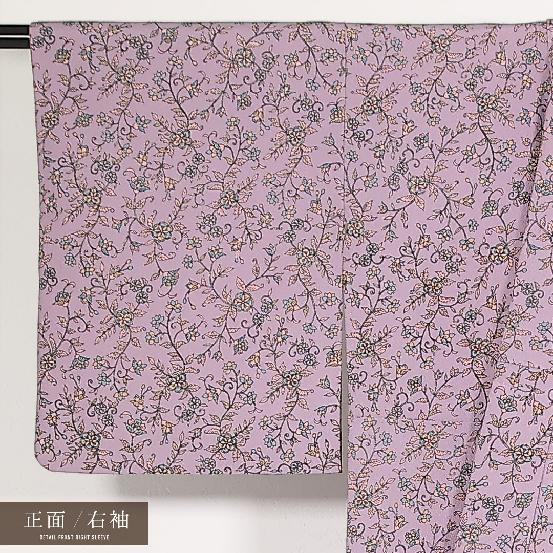 洗える着物 小紋 袷 身丈160cm 裄丈62cm ポリエステル Sランク インフォーマル バチ衿 Mサイズ 唐草 花柄 紫系 RP 1221-17547