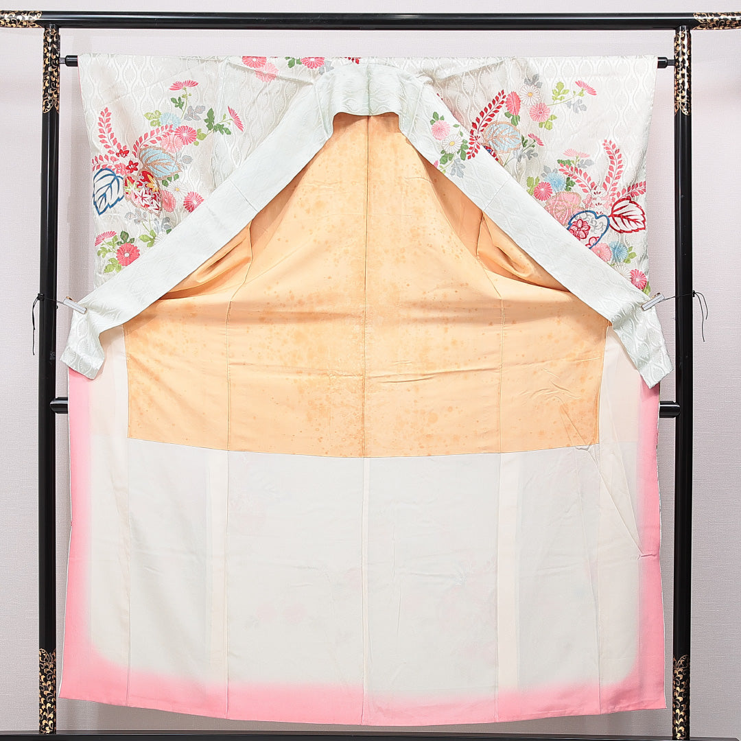 振袖 袷 身丈157cm 裄丈63cm 正絹 Cランク フォーマル 広衿 Mサイズ 刺繍 菊 桐 緑系 LP 1215-07022