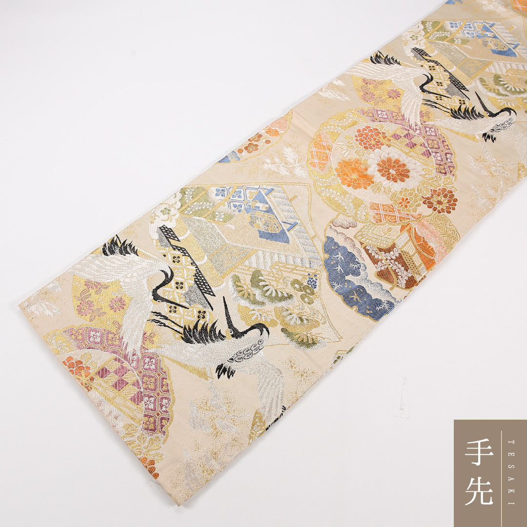 アンティーク 丸帯 帯丈394cm 正絹 全通 鶴 菊 松 クリーム系 1242-02568