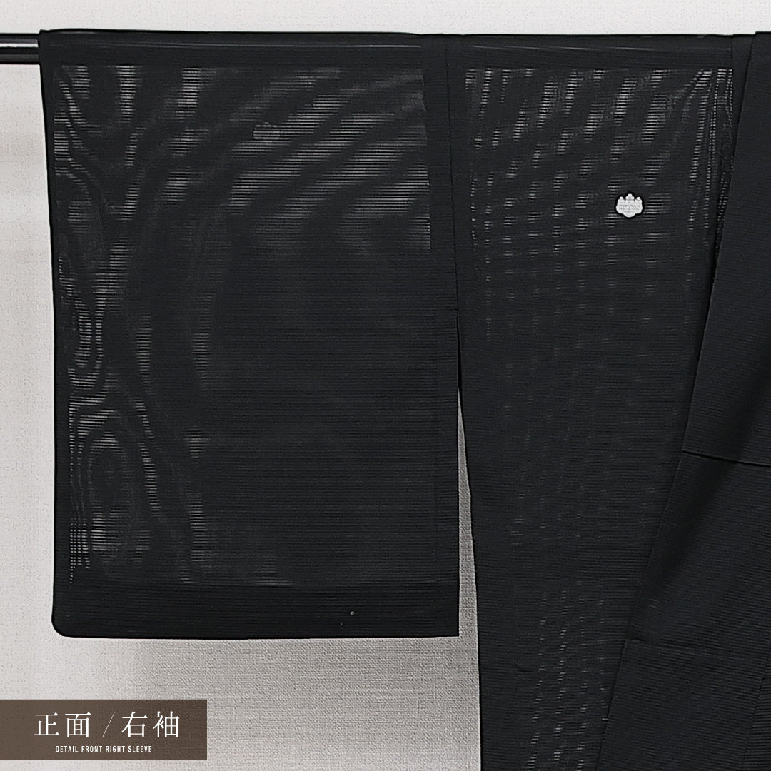 夏物 黒紋付 絽 身丈155cm 裄丈63cm 正絹 Sランク 五つ紋 (五三桐) 弔事用 広衿 Mサイズ 黒系 RP 1230-06876