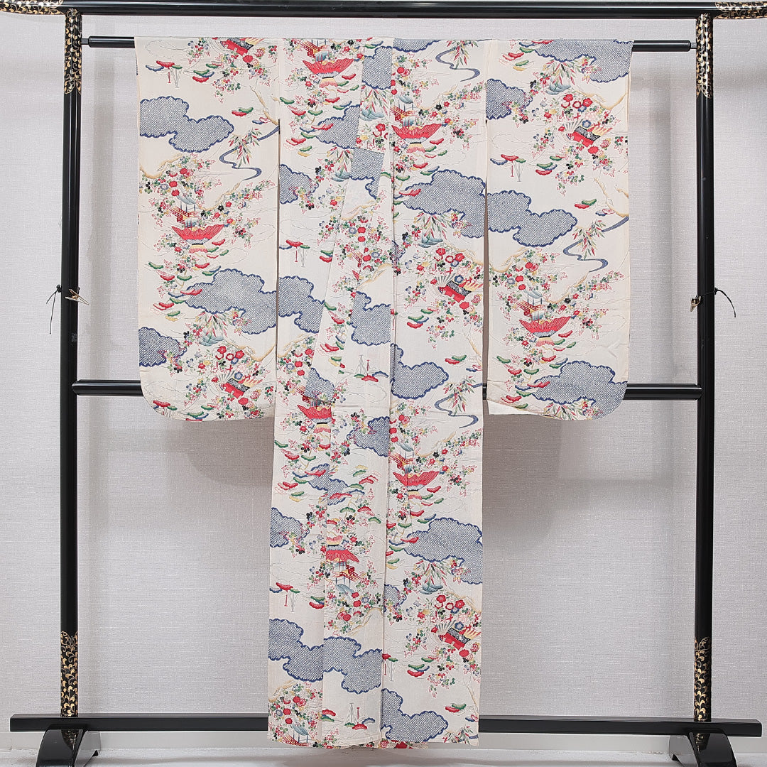 アンティーク 振袖 単衣 身丈156cm 裄丈62cm 正絹 Cランク 一つ紋 (橘) バチ衿 Mサイズ 吉祥文様 クリーム系 RP 1215-07029