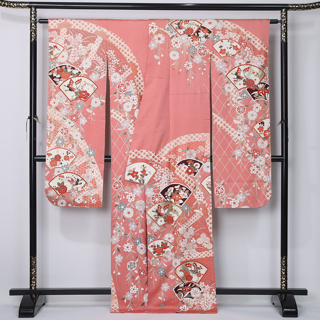 振袖 袷 身丈166cm 裄丈65cm 正絹 Aランク フォーマル 広衿 XLサイズ 蝶 椿 吉祥文様 ピンク系 RP 1215-06757