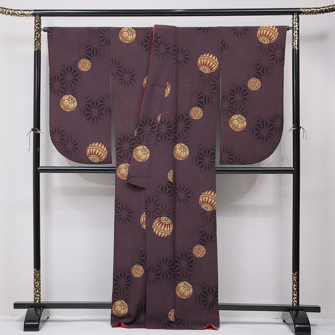小振袖 袷 身丈168cm 裄丈67cm 正絹 Sランク セミフォーマル 広衿 XLサイズ 毬 茶系 RP 1216-07082