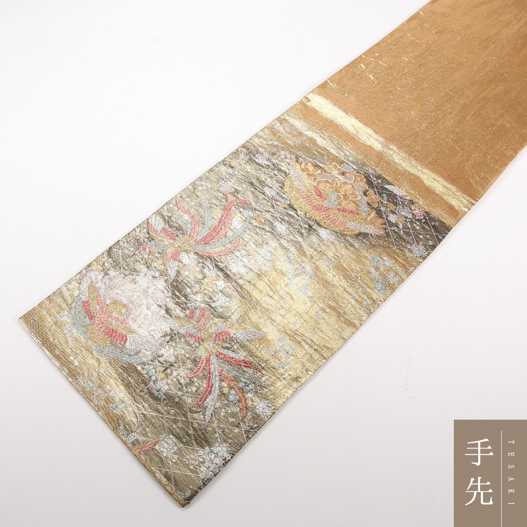 袋帯 帯丈436cm 正絹 六通 フォーマル 佐賀錦 花喰鳥 金系 1243-02536
