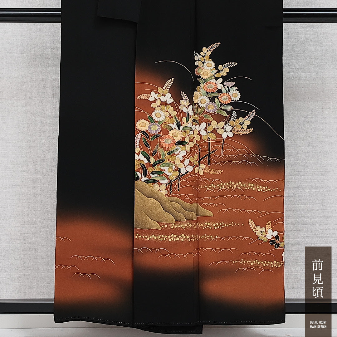 黒留袖 袷 身丈154cm 裄丈60cm 正絹 Sランク 五つ紋 (向い蝶) フォーマル 広衿 Sサイズ たたき染め 京友禅の巨匠 松井青々 刺繍 蘇州刺繍 石庭 黒系 M4 1213-06883