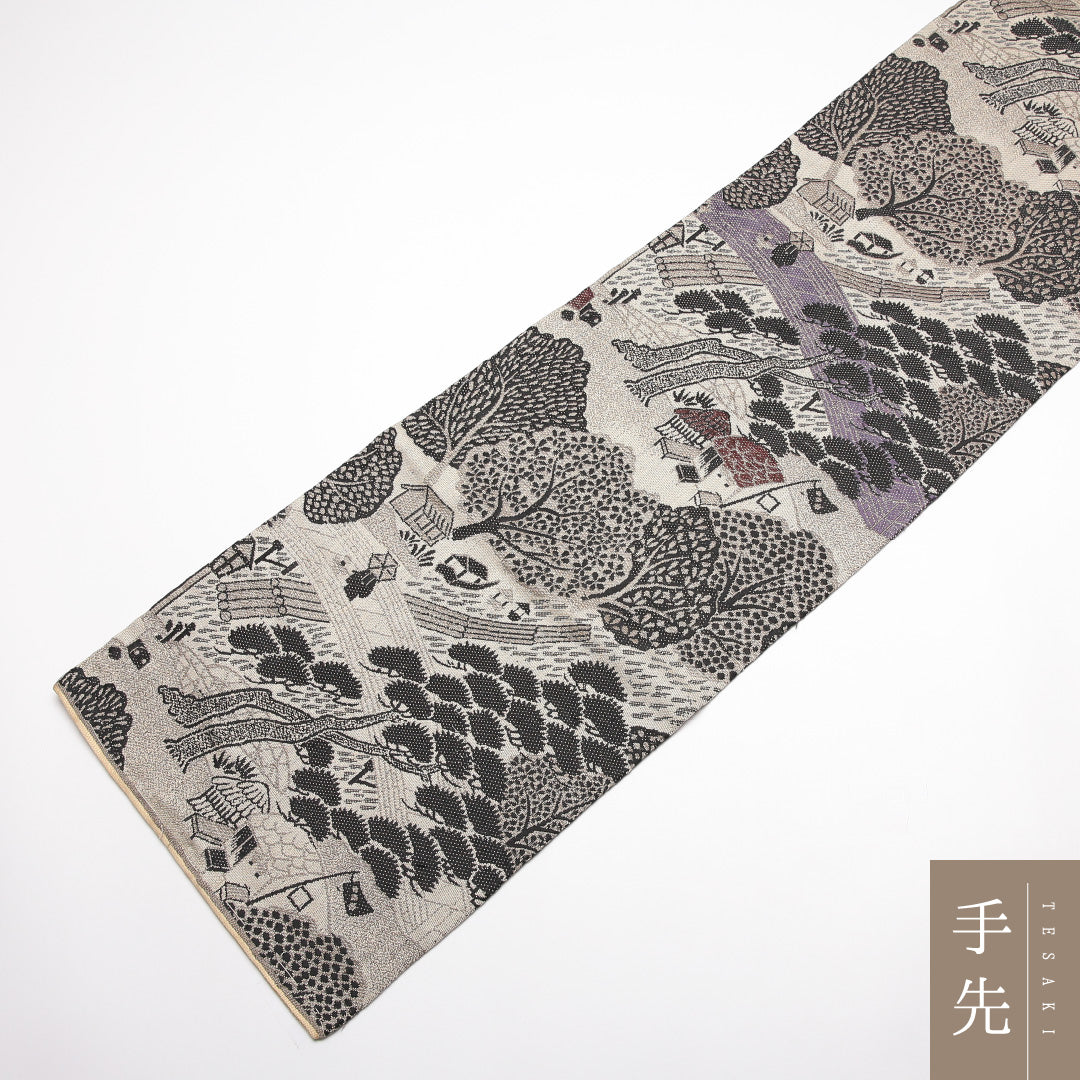 アンティーク 丸帯 帯丈380cm 正絹 全通 茶屋辻 グレー系 クリーム系 1242-02425