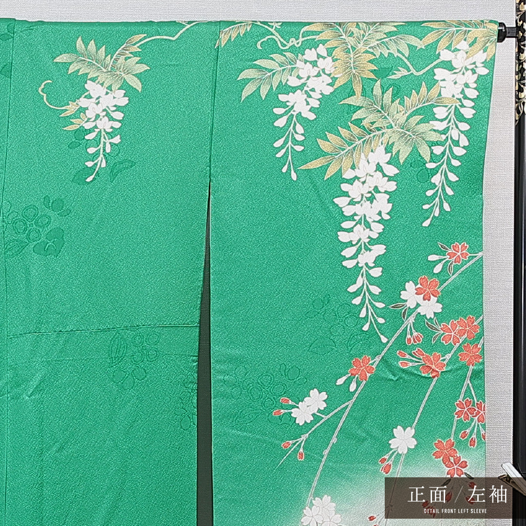 振袖 袷 身丈168cm 裄丈68cm 正絹 Sランク フォーマル 広衿 XLサイズ 金駒刺繍 椿 緑系 RP 1215-07014