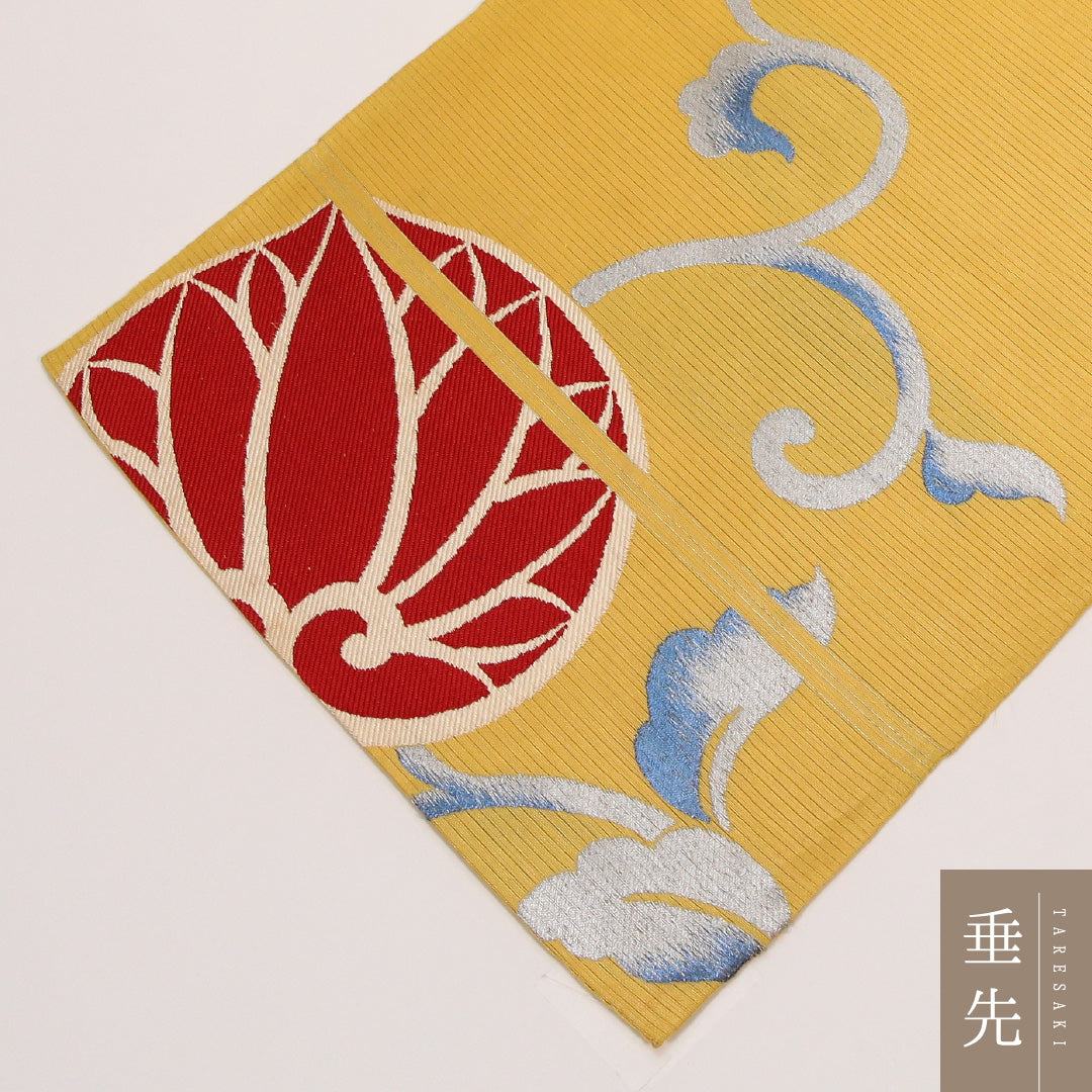 アンティーク 夏物 本袋帯 帯丈424cm 正絹 ポイント柄 帯芯なし 唐華 黄系 1243-02430