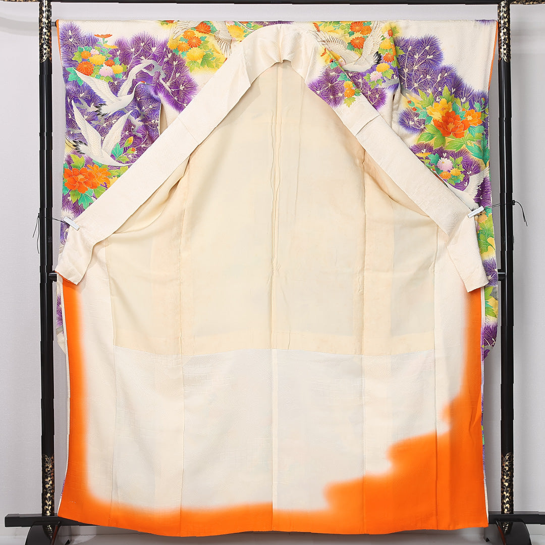 振袖 袷 身丈164cm 裄丈66cm 正絹 Bランク フォーマル 広衿 Lサイズ 鶴 菊 松 クリーム系 RP 1215-06739