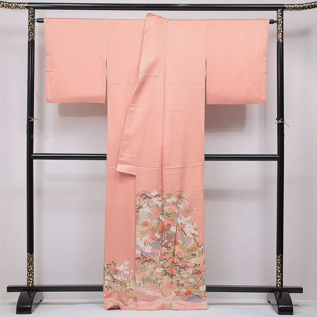 色留袖 袷 身丈165cm 裄丈65cm 正絹 Sランク 三つ紋 (五三桐) フォーマル 広衿 XLサイズ 比翼 御所解 ピンク系 RP 1214-07076