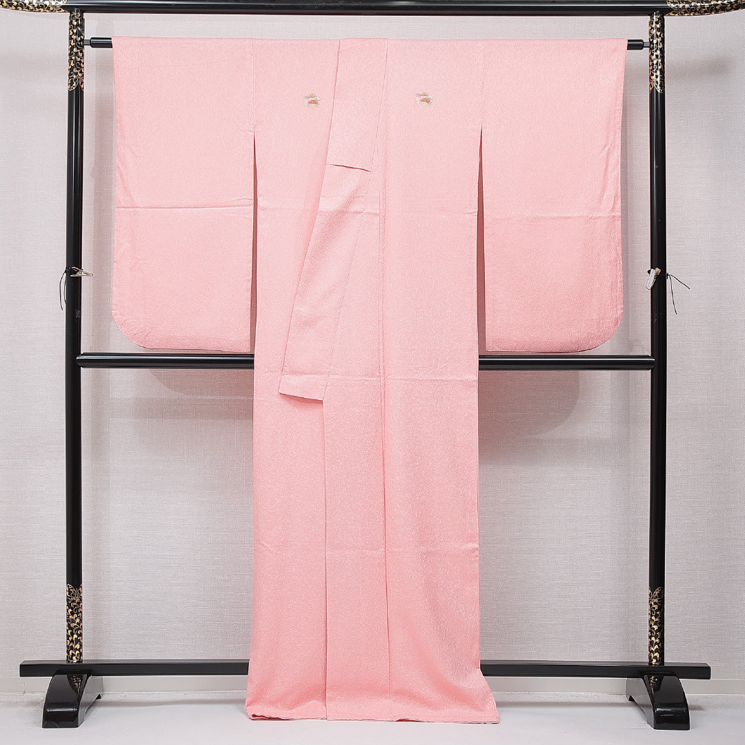 洗える着物 小振袖 袷 身丈169cm 裄丈66cm ポリエステル Sランク セミフォーマル 広衿 XLサイズ 刺繍 藤 笠松 ピンク系 RP 1216-07066